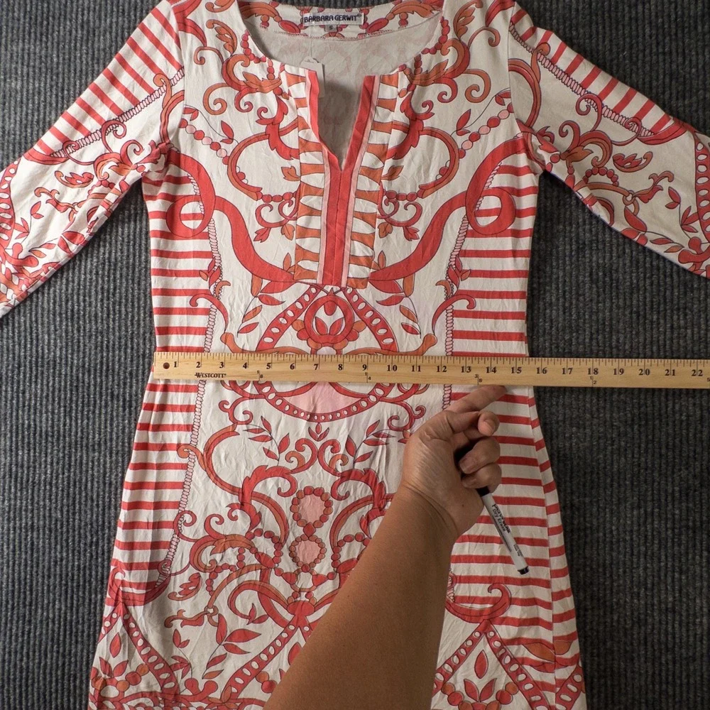 Barbara Gerwit 3/4 Sleeve Dress Size Small Orange White Scroll Print
